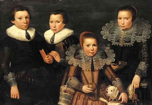 A family portrait of two brothers, aged 11 and 7, and two sisters, aged 4 and 9 Oil Painting by Wybrand Simonsz. de Geest