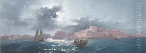 Crowded small craft running out of Grand Harbour, Valetta, by moonlight 2 Oil Painting by Luigi Maria Galea