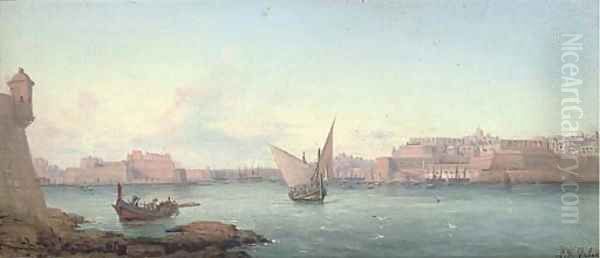 A panoramic view of Grand Harbour, Valetta Oil Painting by Luigi Maria Galea