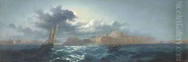 Crowded small craft running out of Grand Harbour, Valetta, by moonlight Oil Painting by Luigi Maria Galea