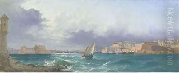 Grand Harbour, Valetta, at dusk Oil Painting by Luigi Maria Galea