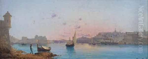 Sunset over Grand Harbour, Valetta Oil Painting by Luigi Maria Galea