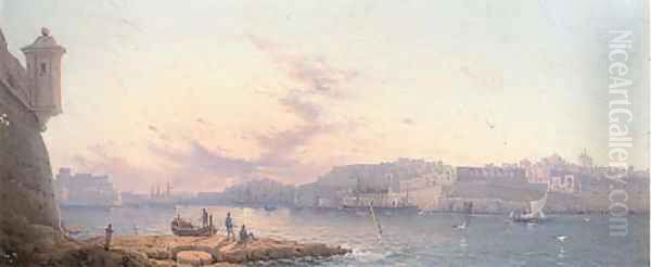 Sunset over the harbour, Valetta, Malta Oil Painting by Luigi Maria Galea