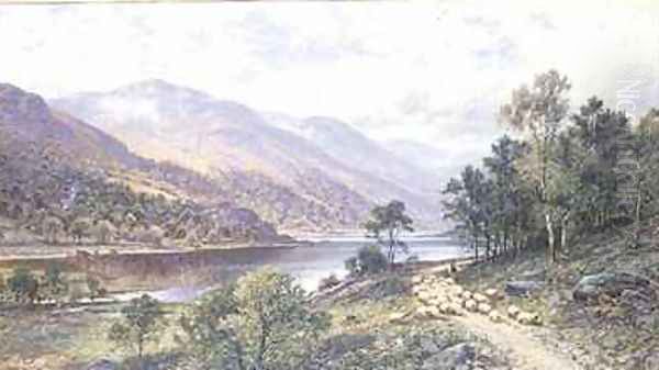 Thirlmere Shepherd with Sheep by a Lake Oil Painting by Alfred I Glendening