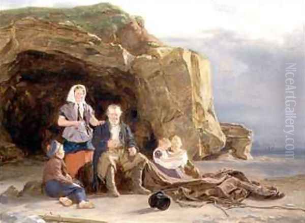 Coast Scene with Figures Mending Nets Oil Painting by Thomas Sword Good