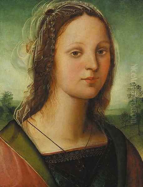 Portrait of a young lady, bust-length, with a pearl headdress, a landscape beyond Oil Painting by Raffaellino del Garbo