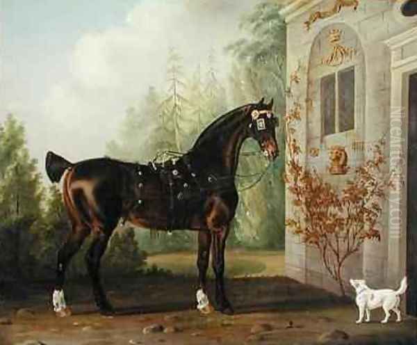 Lord Abergavennys Dark Bay Carriage Horse with a Terrier Oil Painting by Thomas Gooch