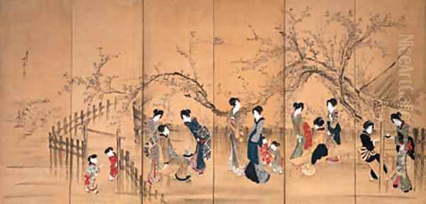 Beauties at a teahouse under a flowering plum Oil Painting by Hotei Gosei