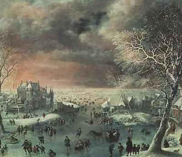 A winter landscape with figures on the ice Oil Painting by Jan the Elder Griffier