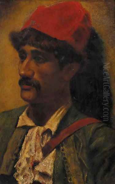 Portrait of a man in a red turban Oil Painting by Frederick Goodall