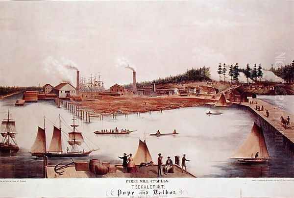 View of the Puget Mill Companys Lumber Mill in Teekalet Oil Painting by T. Grob