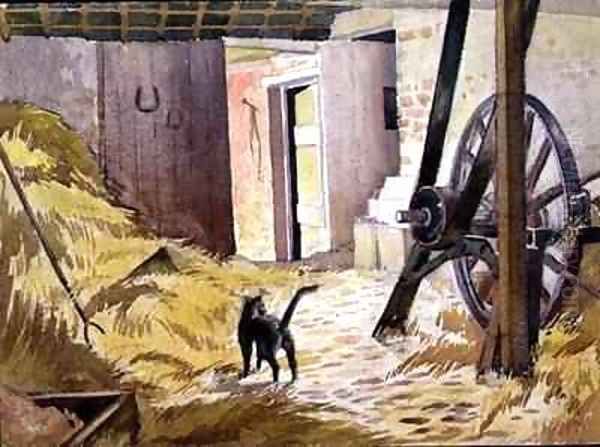 A Barn with cat and agricultural machinery Oil Painting by William Gaydon