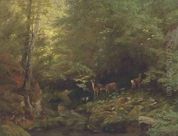 Deer in a river landscape Oil Painting by Albert Girard