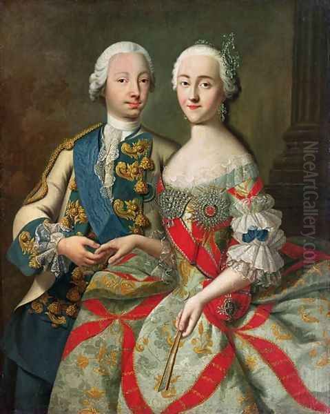 Portrait of Catherine the Great 1729-96 and Prince Petr Fedorovich 1728-62 Oil Painting by Georg Christoph Grooth