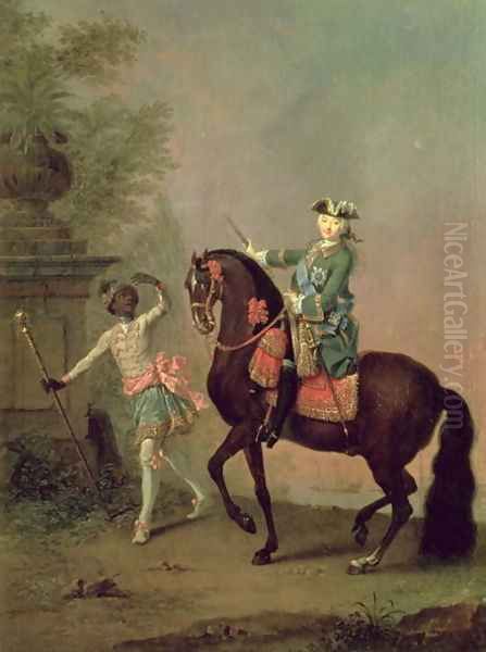 Portrait of Empress Elizabeth Petrovna 1709-62 on Horseback with a Negro Boy Oil Painting by Georg Christoph Grooth