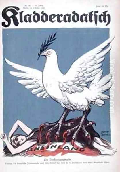 France as the dove of peace with eagles claws trapping a caricature of the Rhine Oil Painting by Werner Gahmann