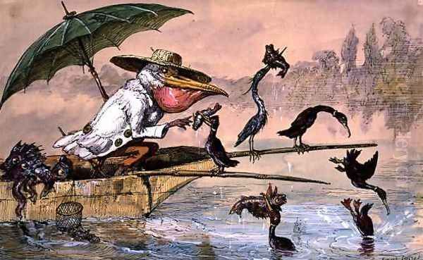 Cormorants presenting fish to a pelican in a punt under an umbrella from The Dream of the Fisherman Oil Painting by Ernest Henry Griset