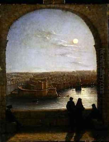 Inside the Fortifications Valetta View from an Arch by Night Oil Painting by Girolamo Gianni