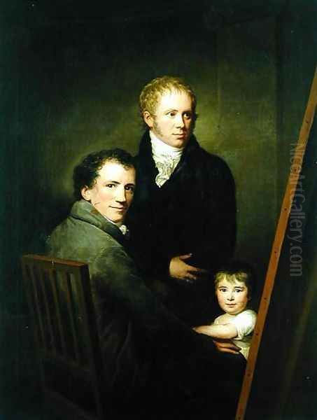 Self portrait with the Foster Daughter Lina Groger and the painter Heinrich Jakob Aldenrath Oil Painting by Friedrich Carl Groger