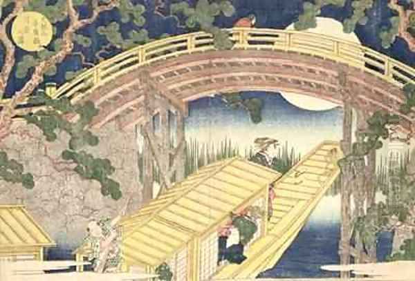 Fan bridge by moonlight from Views of Mount Tempo Oil Painting by Yashima Gakutei