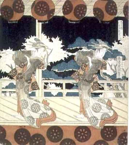 Two Dancers Perform on Stage from The Dance at Furuichi for the Hisakataya Group series Oil Painting by Yashima Gakutei