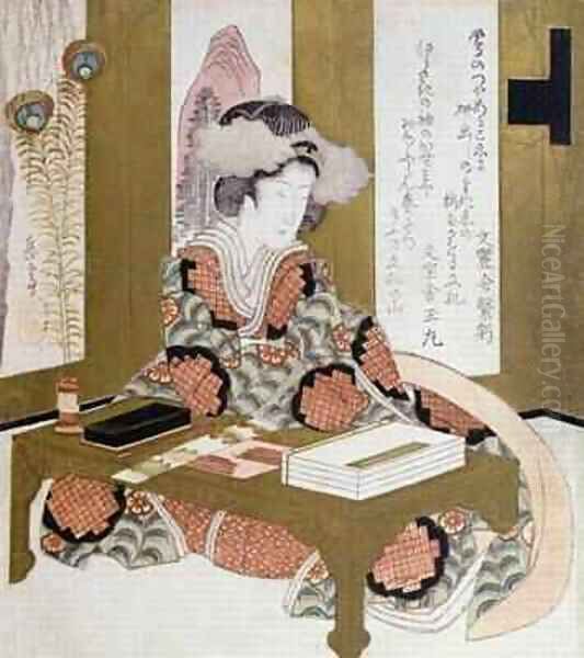 The Poetess Bijin at her Calligraphy Table Oil Painting by Yashima Gakutei