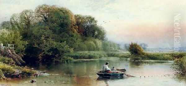 A river landscape at dusk with young anglers dragging in their nets Oil Painting by William W. Gosling