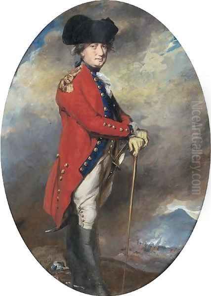 Portrait of Charles, 1st Marquis Cornwallis (1738-1805), small full-length, in uniform, leaning on a cane, in a landscape with a battle beyond Oil Painting by Daniel Gardner