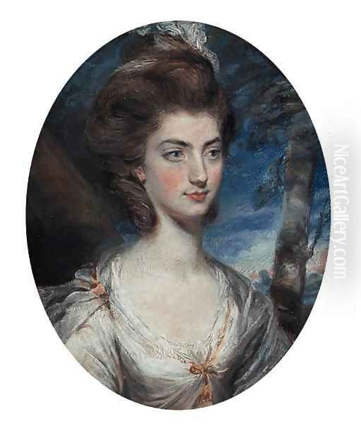 Portrait of Lady Charlotte Hill, Countess Talbot, bust-length, in a white dress with gold trim, in a landscape Oil Painting by Daniel Gardner