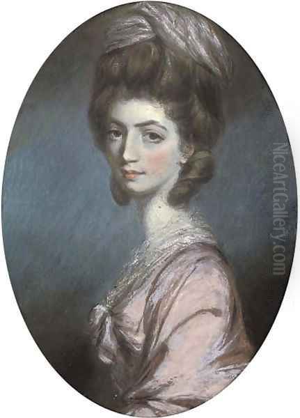 Portrait of a lady, bust-length, in a pink dress and headdress Oil Painting by Daniel Gardner