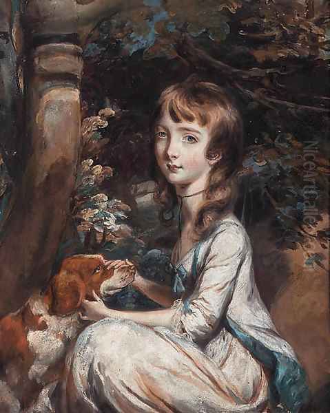 Portrait of a young girl, seated beneath a tree, in a white dress with blue trim, a red and white setter beside her Oil Painting by Daniel Gardner