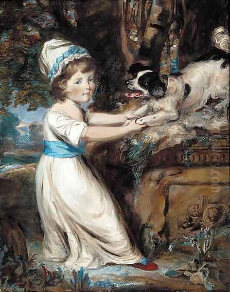 Portrait of Miss Hall, full-length in a white dress with blue trim, playing with a black and white spaniel Oil Painting by Daniel Gardner