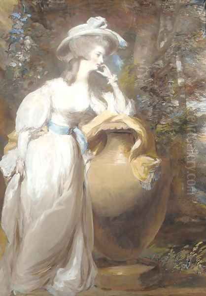 Portrait of Philadelphia de Lancy, in a white dress and sash, leaning on an urn, in a wooded landscape Oil Painting by Daniel Gardner