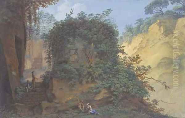 An overgrown tomb in a rocky landscape, with figures Oil Painting by Saviero Xavier della Gatta