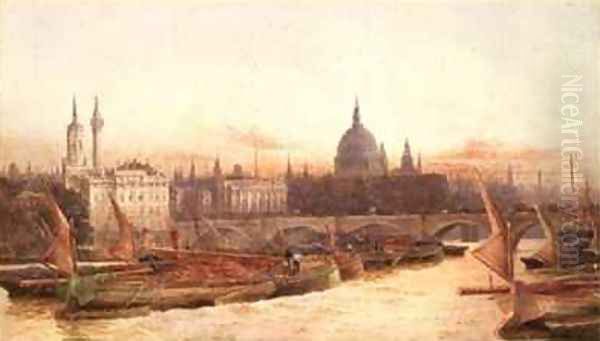 Barges Below London Bridge Oil Painting by Frederick E.J. Goff