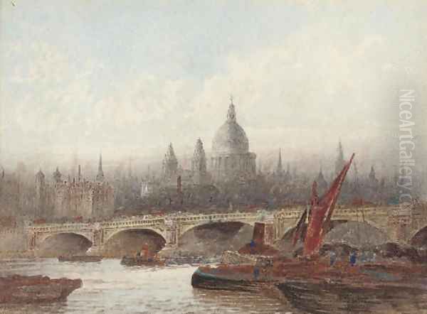 The Thames at Blackfriars Bridge, St. Paul's Cathedral beyond Oil Painting by Frederick E.J. Goff