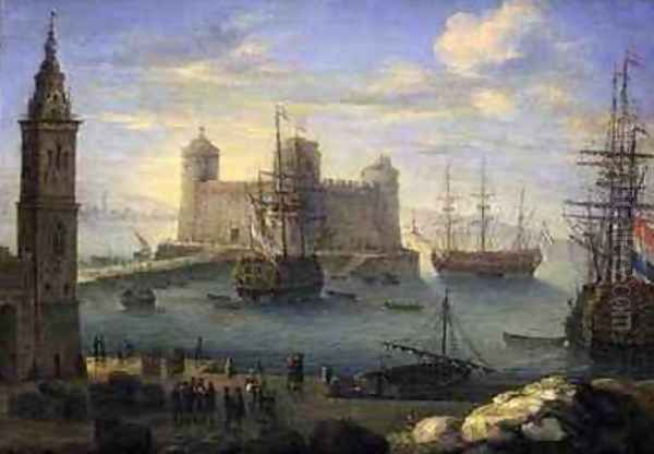 A Mediterranean port with men o war Oil Painting by Charles Laurent Grevenbroeck