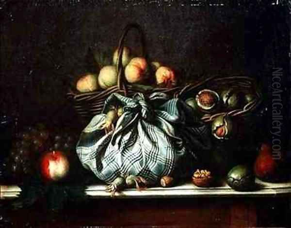 Baskets of Fruit Walnuts and Nuts in a Knapsack Oil Painting by Gagneux