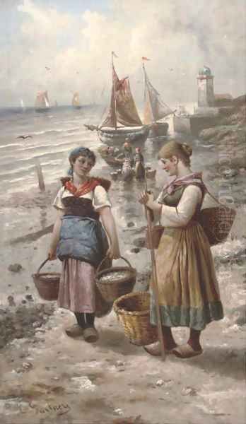 Fisherwives on the shore Oil Painting by L. Gartner