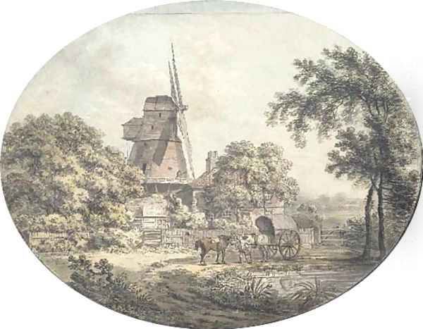 A windmill with horses and a cart by a pond, in the foreground Oil Painting by Samuel Hieronymous Grimm