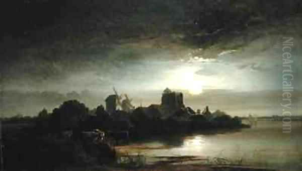 A Village by Moonlight Oil Painting by Arthur Gilbert