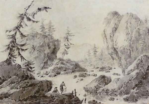 Landscape with two figures washing laundry by a river Oil Painting by Jacques Gamelin