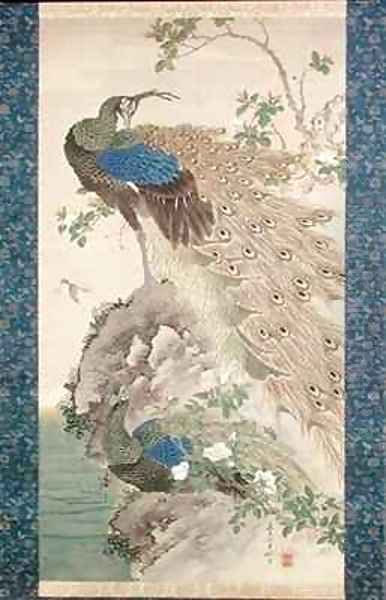 Cherry apple and Peacocks on Rock Oil Painting by Kishi Gantai