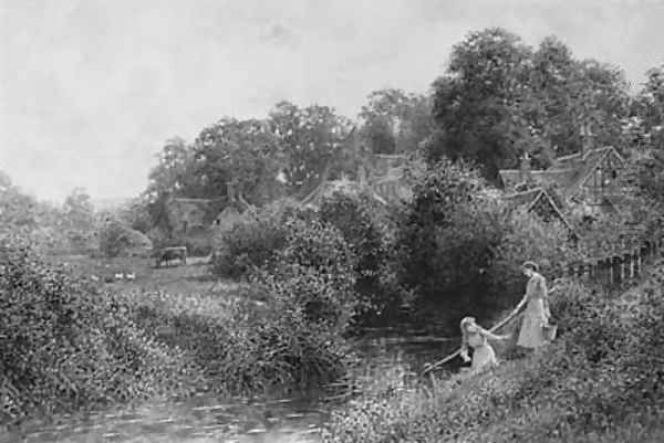 Young Girls collecting Water from a Stream, near Haslemere, Surrey Oil Painting by Charles Gregory