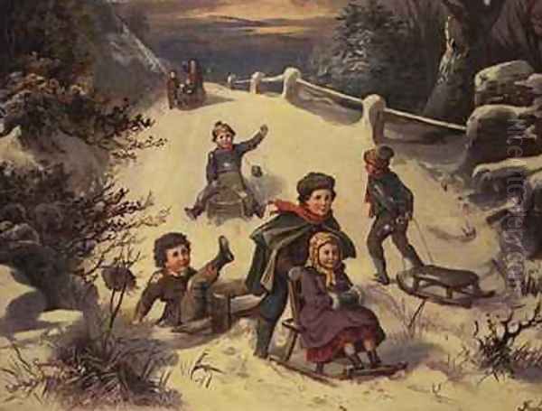 Sledging and Snowballing Oil Painting by Greben