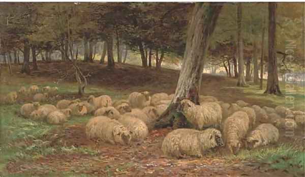 A flock of sheep in a woodland Oil Painting by Henry Garland