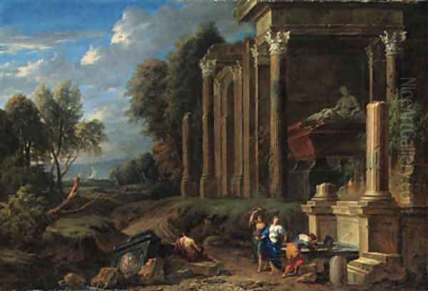 A capriccio of classical ruins in a wooded landscape, with women by a fountain by a tomb and a shepherd resting on a plinth, the sea beyond Oil Painting by Johannes (Polidoro) Glauber