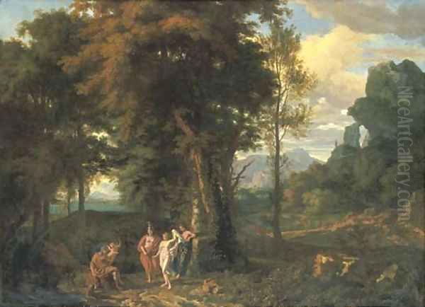 A Classical wooded landscape with the Judgement of Paris Oil Painting by Johannes (Polidoro) Glauber