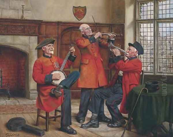 The Chelsea pensioners band practice Oil Painting by Arthur Longlands Grace