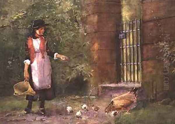 Girl feeding hens Oil Painting by Carleton Grant